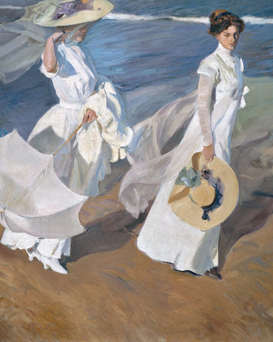 Pintura de dos mujeres vestidas de blanco que pasean juntas a orillas del mar, con el viento en los vestidos